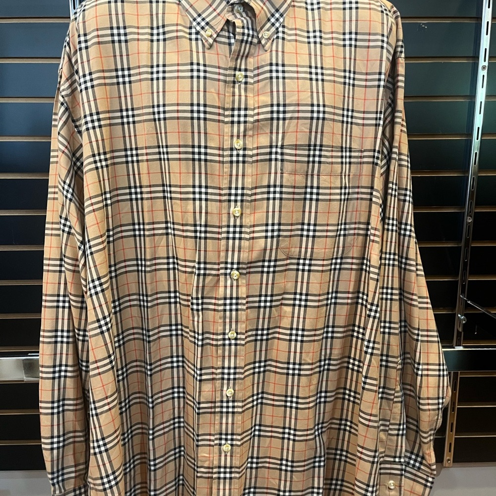 Burberry Beige and Black Plaid Button Down Shirt